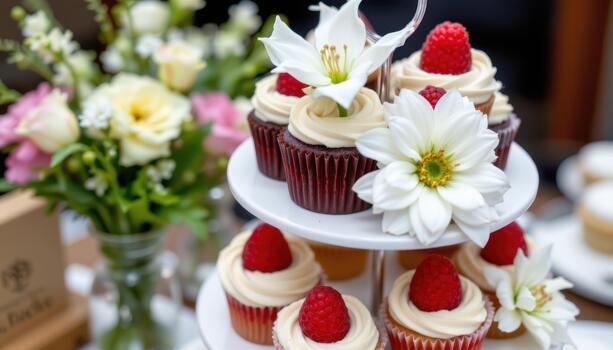 Tiered display of cupcakes with raspberries and white floral accents. photo