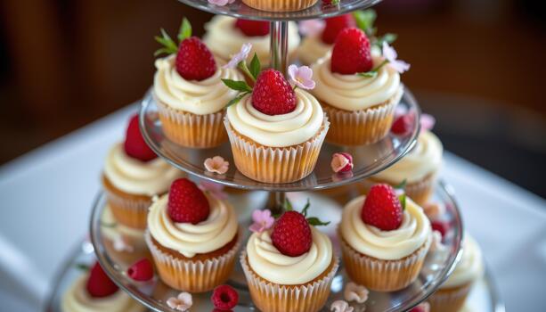 Tiered display of cupcakes adorned with raspberries and delicate flowers. photo
