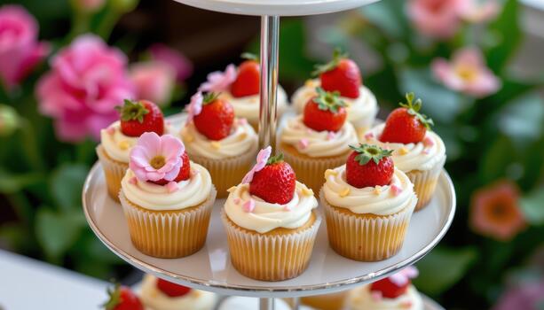 Cupcakes topped with strawberries and pastel flowers on multi level stand. photo