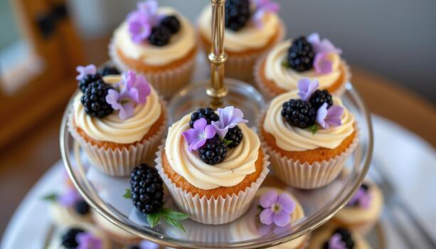 Cupcakes adorned with blackberries and tiny violet blooms on tiered display. photo