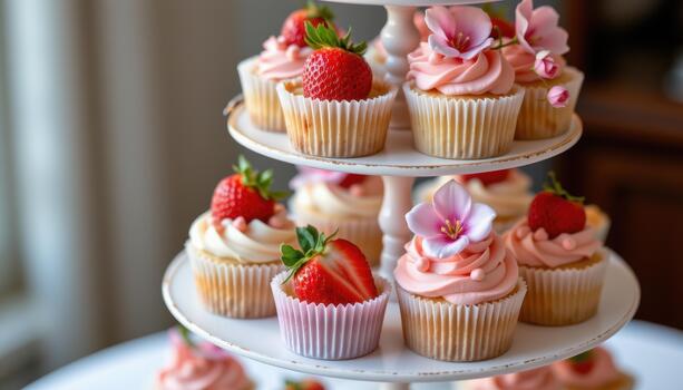Cupcakes decorated with strawberries and pink blossoms on multi level stand. photo