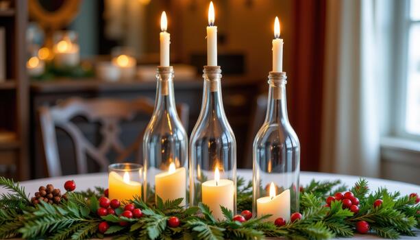 Table centerpiece of Christmas bottles with greenery and lit candles. photo