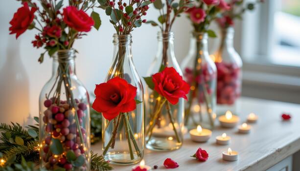 Bottles with red blooms, greenery, and tiny lit tea lights. photo