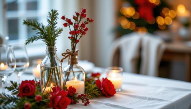 Bottles with pine sprigs, red blooms, and candlelight arranged on table. photo