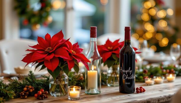 Bottles with poinsettias, greenery, and flickering candlelight on table. photo