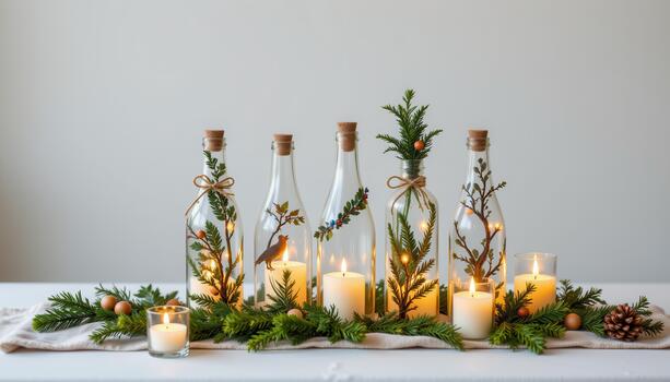 Festive table display of decorated bottles with greenery and glowing candles. photo