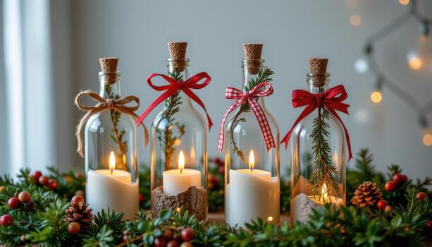 Christmas bottles with ribbons, greenery, and tiny flickering candles. photo