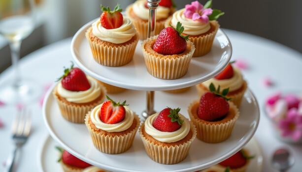 Multi level cupcake stand displaying cupcakes with strawberries and flowers. photo
