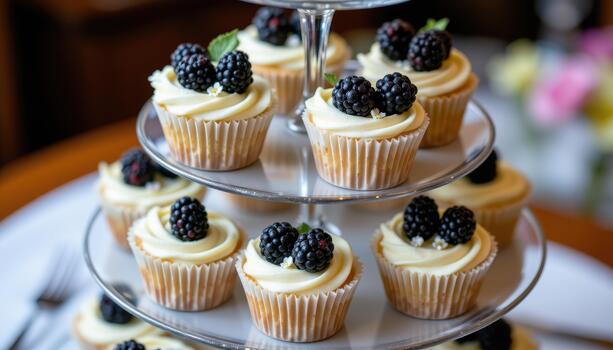 Cupcakes with blackberries and small flowers on multi tiered stand. photo