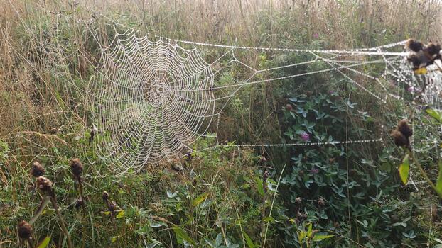 A spider web in the grass with a bunch of plants photo