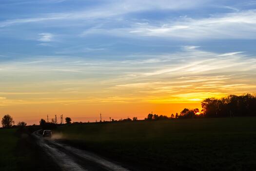 an empty road going forward between a green and plowed field with trees on the side in spring. Sunset. photo