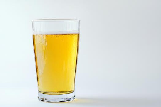 Golden cider fills a clear glass bubbles gently rising to the top. The bright drink stands out against a plain white backdrop inviting a moment of refreshment and enjoyment With copy space for text photo