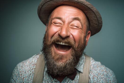 Smiling Man With a Beard and Hat Enjoys a Joyful Moment Against a Plain Background photo