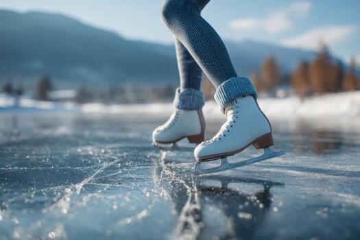 A person enjoys ice skating on a clear frozen lake, with snow-covered trees and mountains in the background. The bright sunlight adds to the beautiful winter scene photo