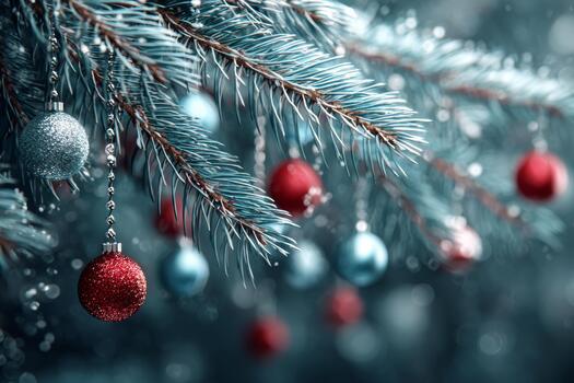 brillante rojo y azul adornos colgar desde el verde ramas de un hojas perennes árbol, trayendo fiesta animar a un frío invierno día con destellos en el antecedentes foto