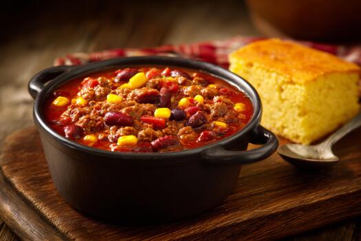 A hearty bowl of chili sits in a black pot, filled with beans, corn, and ground meat. A piece of cornbread rests on a wooden surface beside it, adding a tasty complement to the meal photo