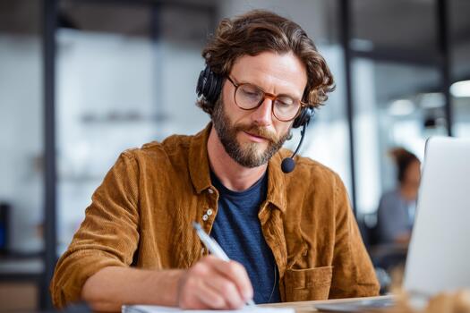 Man With Headphones Working at a Desk While Taking Notes and Using a Laptop in a Modern Office Environment photo