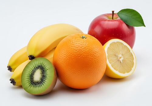 Fresh Fruit Assortment with Apple Banana Kiwi Orange and Lemon photo