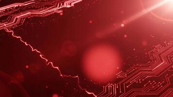 rot technologisch Hintergrund mit Schaltkreis Tafel Muster, funkelnd Partikel, und Licht Fackel futuristisch Technologie Hintergrund zum Wissenschaft, Maschinenbau, und Digital Innovation 4k video