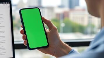 man innehav smartphone med grön skärm i modern kontor miljö, över axeln se, företag teknologi, mobil app utveckling, urban bakgrund, krom nyckel 4k video