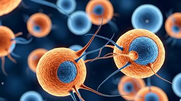 mikroskopisk se av celler i en blå vätska miljö vetenskaplig visualisering av biologisk strukturer, cellulär biologi, mikroskopisk organismer, och cellulär processer 4k video