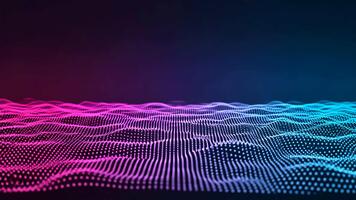 resumen digital forma de onda paisaje con brillante rosado y azul puntos, partícula red, oscuro fondo, datos visualización, moderno tecnología, y futurista diseño 4k video