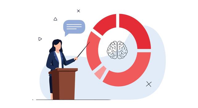 un profesional mujer de negocios a un podio regalos datos en un grande circular gráfico con un cerebro icono simbolizando negocio inteligencia. vector