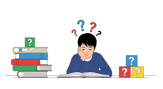 A pensive young boy studies an open book at his desk looking confused with multiple question marks floating above his head. vector