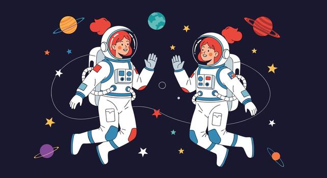 Two smiling female astronauts in spacesuits wave while floating in outer space surrounded by planets stars and cosmic elements. vector