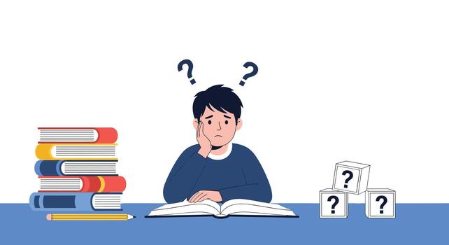 A confused and stressed student sits at a desk surrounded by books with question marks above his head finding his homework difficult. vector