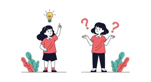 One girl has a bright idea with a lightbulb while another girl is confused and shrugging with question marks above her head. vector