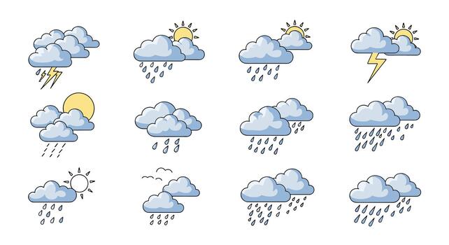 A collection of twelve weather forecast icons showing various conditions like sun clouds rain and thunderstorms in a simple design. vector