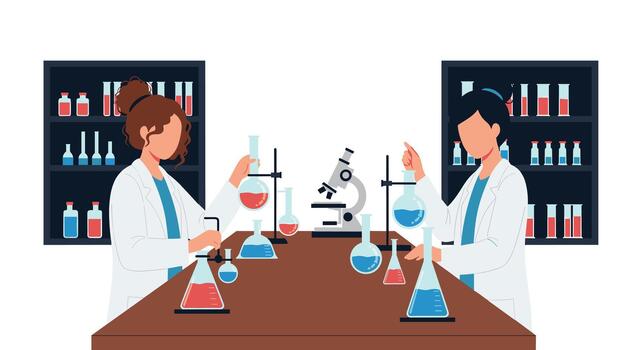 Two female scientists in white lab coats conducting a chemical experiment with flasks and beakers in a science laboratory. vector