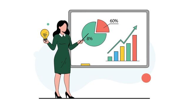 A businesswoman gives a presentation with a whiteboard showing a pie chart and a growth graph while holding a lightbulb idea. vector