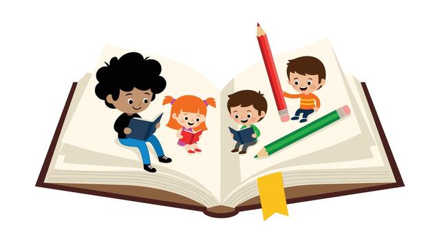 un grupo de diverso contento niños sentado en parte superior de un gigante abierto libro y leyendo juntos a promover literatura y aprendiendo. vector