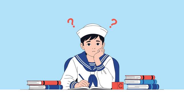 A confused young student in a sailor uniform scratches his head with question marks above him while studying with many books. vector