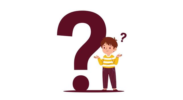 A small cartoon boy shrugging his shoulders with a confused expression while standing next to a giant question mark symbol. vector