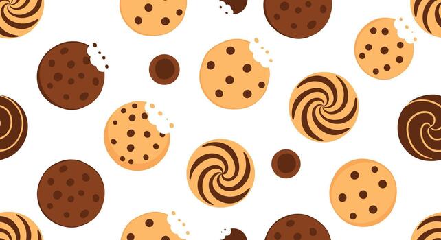 A sweet and delicious seamless pattern of various chocolate chip cookies and biscuits on a clean white background for baking themes. vector