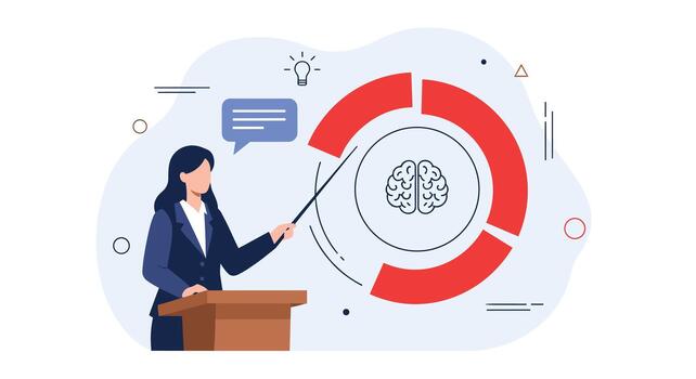 A business professional gives a presentation from a lectern pointing to an infographic chart with a brain icon for psychology. vector