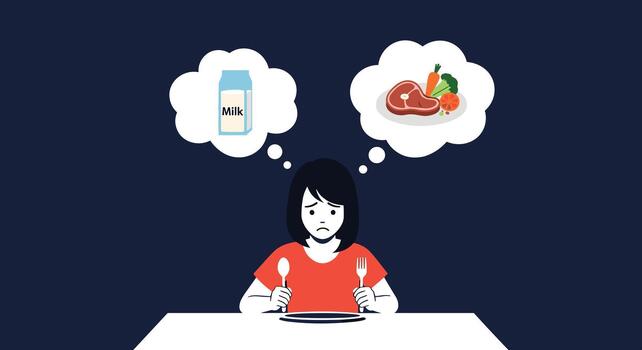 A sad woman at a dinner table with an empty plate thinks about food choices like milk or meat representing a diet or hunger. vector
