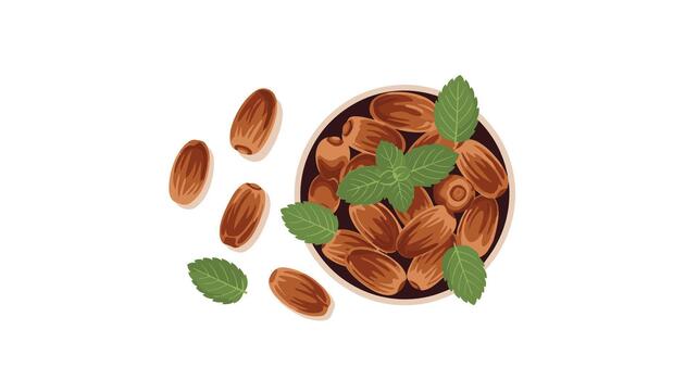 A top-down view of a bowl of sweet dried dates garnished with fresh mint leaves with a few dates scattered on the side. vector