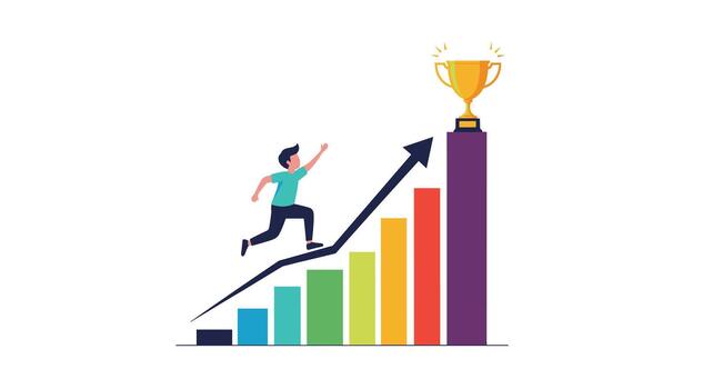 Energetic man running up a colorful bar graph with an upward arrow towards a golden trophy representing success and achievement. vector