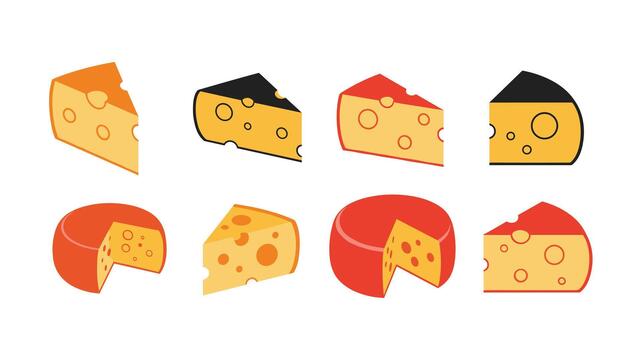 A collection of eight different cheese icons including wedges and wheels in various styles and colors on a white background. vector