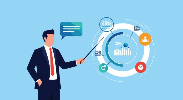 A businessman in a suit gives a presentation using a pointer to explain a complex infographic with charts graphs and data. vector