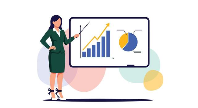 un profesional mujer de negocios en un verde traje da un presentación señalando a un pizarron con un creciente bar grafico y un tarta cuadro. vector