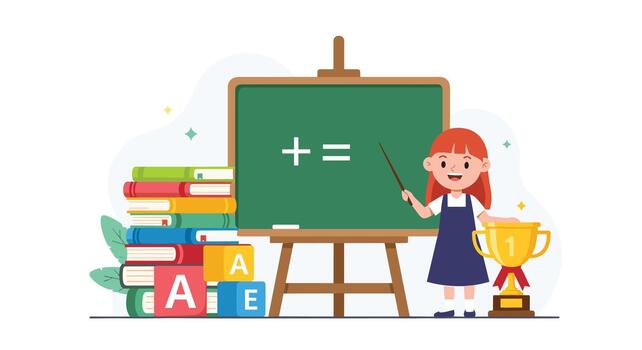 An intelligent young student points to a math equation on a chalkboard next to a stack of books alphabet blocks and a trophy. vector