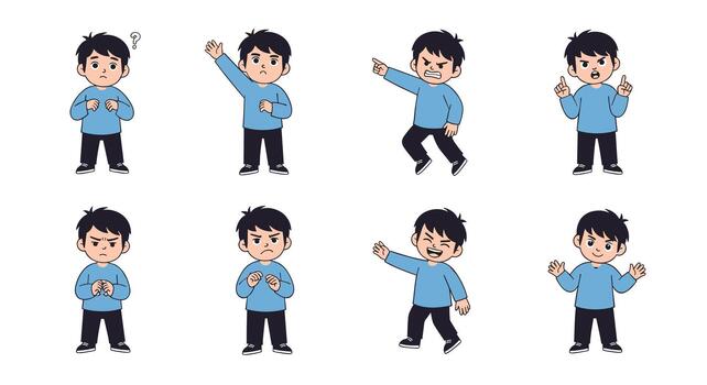 A character set of a young boy in a blue sweater showing a wide range of different emotions actions and poses on a white background. vector