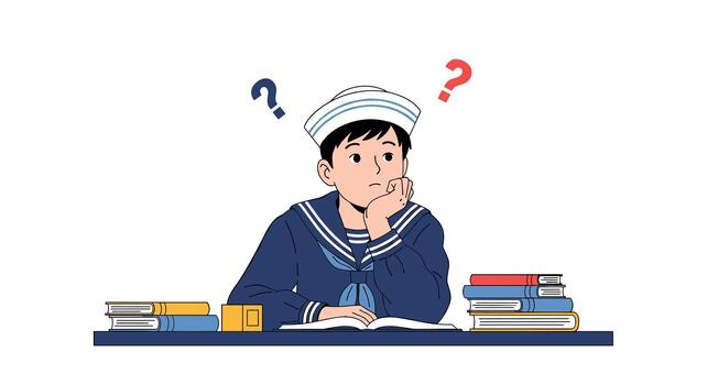 A young student in a sailor uniform looks confused while studying at a desk with books and question marks floating above his head. vector