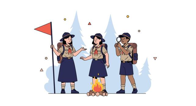 A group of three diverse scouts work together at their campsite with a campfire one holding a flag and another exploring with a map. vector