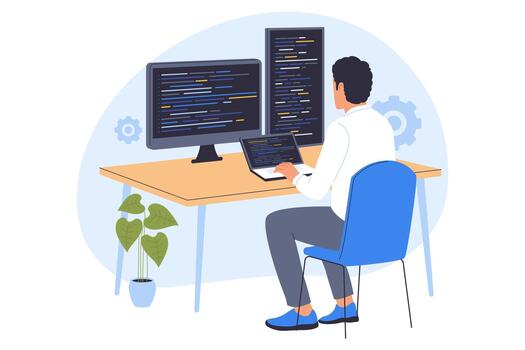 Person coding at a desk with monitors vector